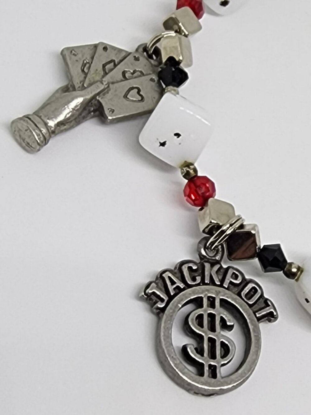 Vintage Gaming Casino Gambling Cards Chips Dice Hand Charms Beaded Bracelet
